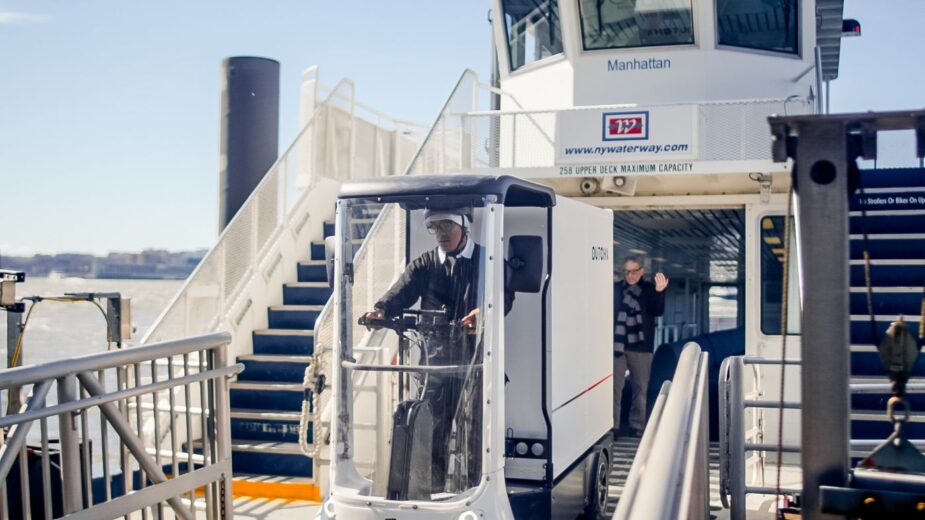 delivery man exiting ferry
